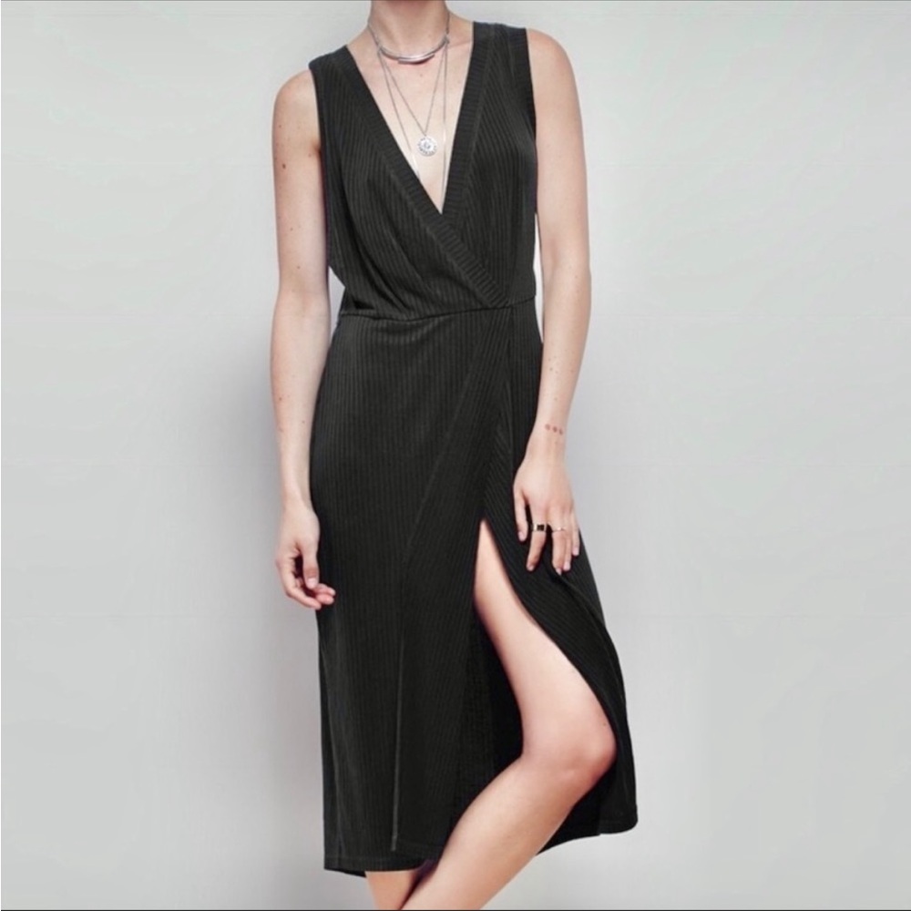 Free People Rising Sun Ribbed Faux Wrap Midi Dress High Slit Small